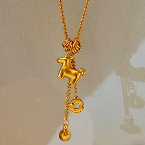 24K gold plated necklace with horse pendant and copper coin charm for women