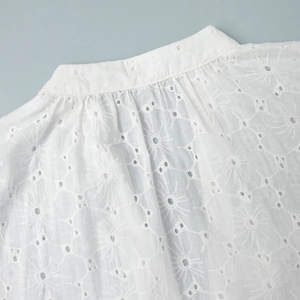 Detailed view of white eyelet embroidery and pleated stand collar on cotton dress