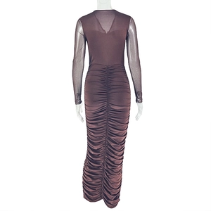 Detail view of the ruched back design and sheer mesh sleeves of the brown bodycon dress