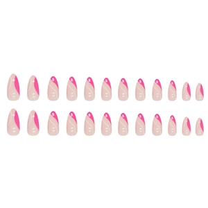 Fuchsia almond press-on nails with French diagonal lines and 24-piece full set display