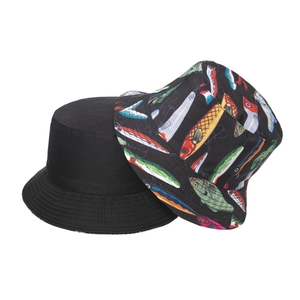 Fish pattern and solid black bucket hats for fishing and outdoor sun protection