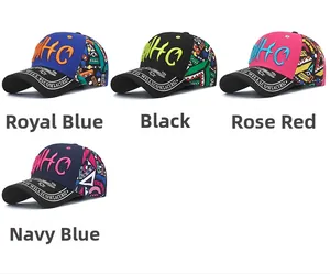 Detail view of four graffiti baseball caps with 3D WHO embroidery and geometric patterns