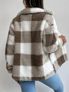Elegant brown and white plaid plush jacket with cozy fleece texture in a loose fit