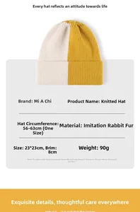 Close-up of dual-tone knit beanie in cream and yellow with faux rabbit fur texture
