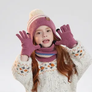 3-piece kids winter knit hat scarf and touchscreen gloves set in dusty pink