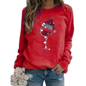 Women's red Christmas wine glass print long sleeve crewneck sweatshirt in cotton blend