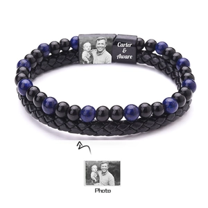 Detail of custom leather bracelet with photo engraving and magnetic stainless steel clasp
