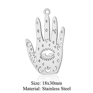 Silver Hamsa hand pendant in stainless steel with eye and star etchings, 18x30mm size