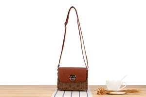 Detail view of woven paper straw crossbody bag with brown faux leather flap and silver ring buckle