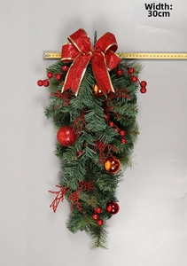 Detailed view of 30cm Christmas teardrop swag with red ornaments and pine needles