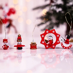5-piece wooden Christmas ornament set featuring snowman and nutcracker for tree decor