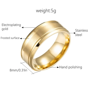 Detail of 8mm gold stainless steel ring with brushed finish and polished inner surface