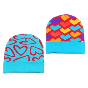 Winter knitted beanie hats featuring cute heart jacquard patterns and sky blue cuffs