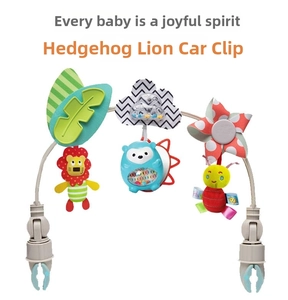 Adjustable baby stroller arch with hanging lion and hedgehog plush animal rattle toys