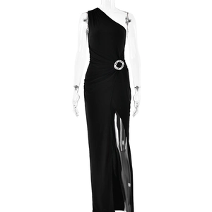 Elegant one shoulder black slit dress with crystal buckle detail and slim fit design