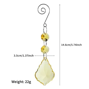 Detailed view of yellow maple leaf crystal suncatcher with 14.6cm dimension specs
