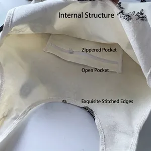 Interior view of lace canvas tote showing zipper pocket and open slot for organization
