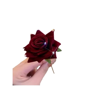 Handheld vintage red velvet rose hair stick with white rhinestones and tassel detail