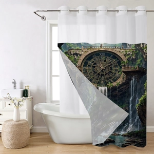 Detail of waffle-textured shower curtain featuring clock and waterfall landscape print