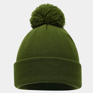 Dark green knitted beanie with matching fur pom-pom and thick cuffed brim for winter