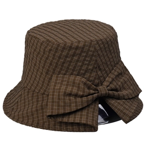 Chapeau cloche à carreaux marron style japonais avec grand nœud élégant pare-soleil