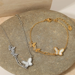Butterfly Bracelet Stainless Steel Mother Of Artificial Pearl Shell Zircon Inlaid Waterproof Non-Tarnish Elegant Jewelry For Women