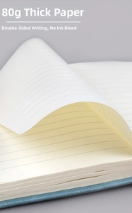 Detail of 80g thick bleed-proof inner pages and blue leather cover of the notebook