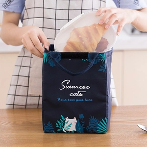 Cute insulated dark blue lunch bag with cat illustration and food container inside