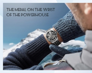 Close-up of skeleton automatic watch with octagonal bezel against a snowy mountain scene