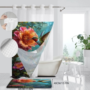 Floral shower curtain and hummingbird bath mat set with detailed metal grommets view