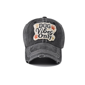 Distressed dark grey cotton baseball cap with DOG Vibes Only embroidery and worn detail