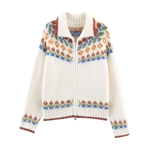 Off-white knit cardigan with vintage geometric jacquard trim and metal zipper closure