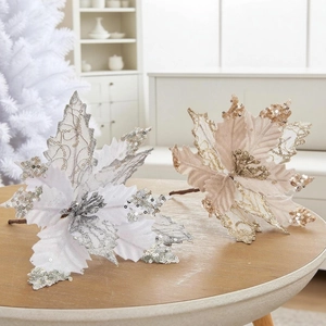 Sparkling 20cm champagne gold and silver artificial Christmas flowers on a wooden table