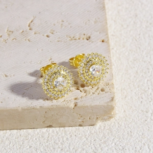 18k gold plated sunflower stud earrings with a large round zircon and halo setting