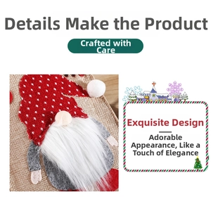 Detailed view of handmade Christmas gnome with knit hat and white beard on rustic burlap fabric