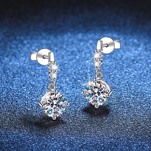 Classic silver S925 moissanite drop earrings with sparkling round brilliant cut gemstones