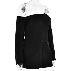 Detailed view of long sleeve off-shoulder black blazer with double button and flap pockets