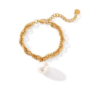18K gold plated stainless steel curb chain bracelet featuring a large white pearl charm
