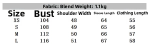 Detailed size chart for faux fur coat featuring chest, shoulder, and length measurements