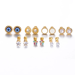 Set of 9 pairs of gold stainless steel stud earrings with pearls and colorful zircon