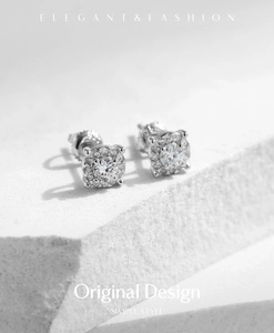 Close-up of sparkling square halo moissanite stud earrings in S925 sterling silver
