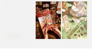 Macro detail of Gilded Encounter 3D stickers with vintage Chinese furniture and gold foil