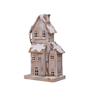 Lighted wooden Christmas snow house ornament with rustic winter roof for holiday home decor