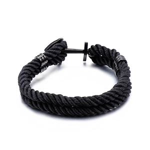 Handmade black woven nylon rope bracelet with black stainless steel anchor clasp