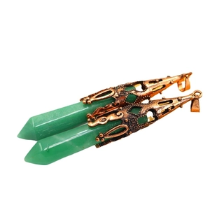 Natural green amethyst hexagonal prism pendant necklace with bronze metal cap