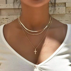 Fashion Multilayer Necklace Alloy Gold Color Snake Figaro Bead Chain Cross Pendant Jewelry For Women