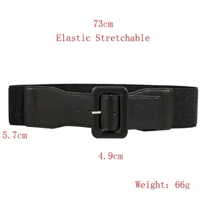 Elastic wide black belt for women with faux leather pin buckle and dimensions 73cm x 5.7cm