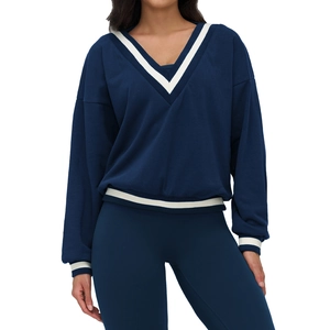 Dark blue V-neck sweatshirt with contrast ivory stripes and matching sports joggers