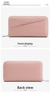 Front and back views of a pink litchi grain leather long wallet with zipper