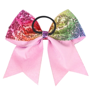 Élastique à cheveux avec nœud pailleté arc-en-ciel et ruban rose pour filles